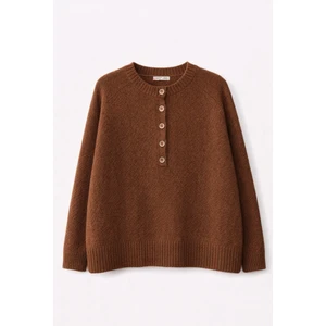 7004 Kadın Düğmeli Basic Triko Kazak Kahve