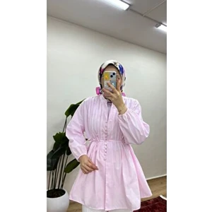 Kadın Nervürlü Keten Tesettür Gömlek - Pembe