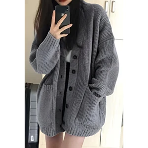 Tarz Cool Kadın Oversize Cepli Düğmeli V Yaka Triko Hırka