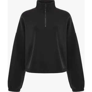 Siyah Silky Touch Dik Yaka Fermuarlı Crop Sweatshirt