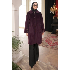 İmaj Butik Mürdüm Cepli Düğmeli Angora Kaban