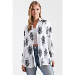 Kadın Açık Mavi Desenli Oversize Uzun Basic Gömlek ARM-22Y001148
