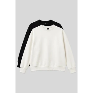 Basic Oversıze O Yaka 2li Paket Siyah-Ekru Kadın Sweatshirt - 97053