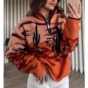 Dik Yaka Çöl Desenli Polar Sweatshirt