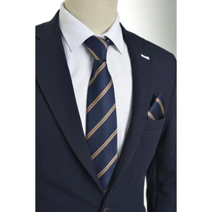 8 Cm Vizon Çizgili Lacivert Mendilli Kravat