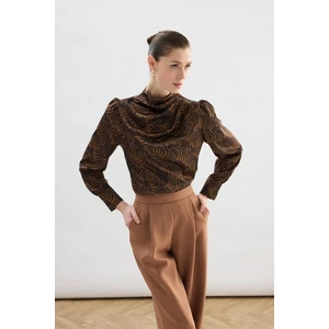 Drape Detaylı Desenli Bluz - Kahve