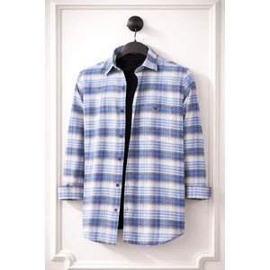 Erkek Mavi Kışlık Gömlek Kareli Cepli Yaka Düğmeli