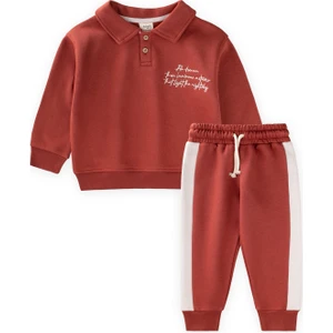 Yakalı Nakış İşlemeli Sweatshirt Takım 2-10 Yaş Kiremit