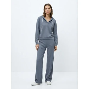 V Yaka Oversize Kapüşonlu Mavi Sweatshırt