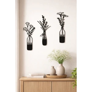 🌿 Sscnc 3’lü Vazo & Çiçek Figürlü Mdf Duvar Dekoru – Siyah