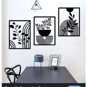 Sscnc Modern Çizgisel Bitki Desenli Mdf Duvar Tablosu – 3’lü Set