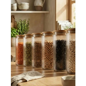 6'lı Set Bambu Vakum Kapaklı Cam Saklama Kabı 2000 ml