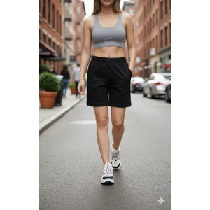 BKY Siyah Yüksek Bel Penye Şort