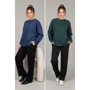 Softandbasic Kadın Geniş Kalıp Bisiklet Yaka Basic Düz 2'li Sweatshirt