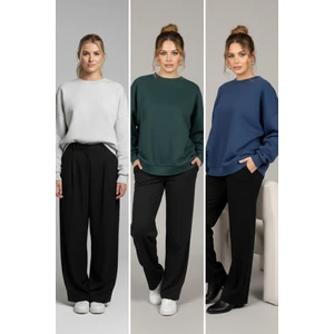 Softandbasic Kadın Geniş Kalıp Bisiklet Yaka Basic Düz 2'li Sweatshirt