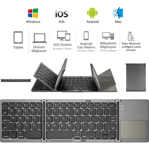 Türkçe Q, Type-c Şarjlı, Touchpad Katlanabilir Bluetooth Klavye Ios/android/windows | Titanyum