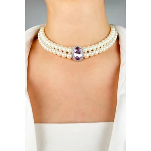 Sose Moda Kristal Uçlu Inci Choker Kolye - Mor