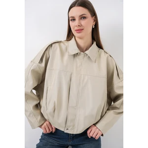 Kadın Oversize Kısa Ceket 0732 - Taş