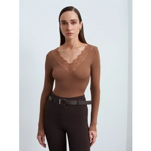 32311 Dantelli Kaşmir Bluz-Koyu Vizon