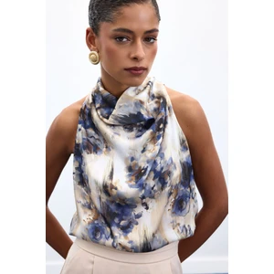 Drapeli Halter Yaka Desenli Bluz - Indigo
