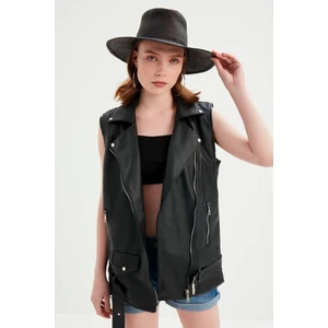 Kadın Siyah Deri Biker Oversize Yelek