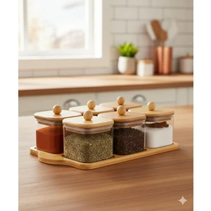 Premium 6 Parça Bambu Kapaklı Cam Kahvaltı Seti