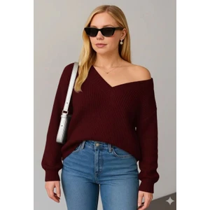 Yuga Knitting Kadın Dökümlü V Yaka Selanik Örgü Basic Kazak
