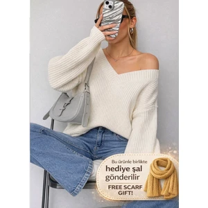 Yuga Knitting Kadın Dökümlü V Yaka Selanik Örgü Basic Kazak