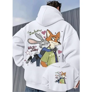 Unisex Oversize Zootopia Nick & Judy Baskılı Kapüşonlu Sweatshirt