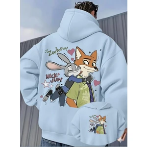 Unisex Oversize Zootopia Nick & Judy Baskılı Kapüşonlu Sweatshirt