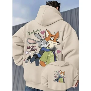 Unisex Oversize Zootopia Nick & Judy Baskılı Kapüşonlu Sweatshirt
