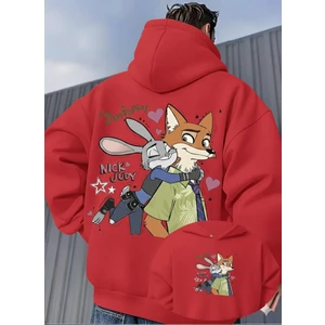 Unisex Oversize Zootopia Nick & Judy Baskılı Kapüşonlu Sweatshirt