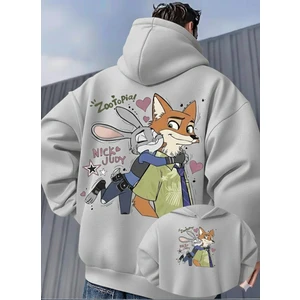 Unisex Oversize Zootopia Nick & Judy Baskılı Kapüşonlu Sweatshirt