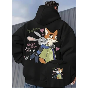 Unisex Oversize Zootopia Nick & Judy Baskılı Kapüşonlu Sweatshirt