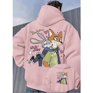 Unisex Oversize Zootopia Nick & Judy Baskılı Kapüşonlu Sweatshirt