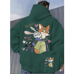 Unisex Oversize Zootopia Nick & Judy Baskılı Kapüşonlu Sweatshirt