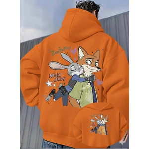 Unisex Oversize Zootopia Nick & Judy Baskılı Kapüşonlu Sweatshirt