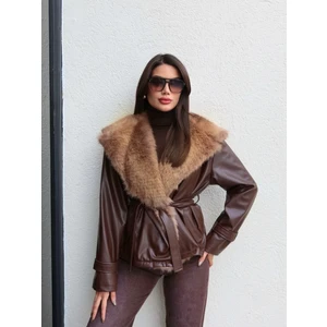 Esra Helvacı Kürk Yaka Kuşaklı Deri Ceket