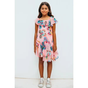 Pembe Kelebek Desenli Elbise