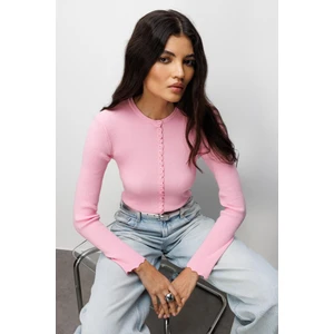 6972 Kadın Fitilli Basic Triko Hırka Pembe