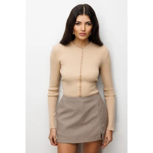 6972 Kadın Fitilli Basic Triko Hırka Camel