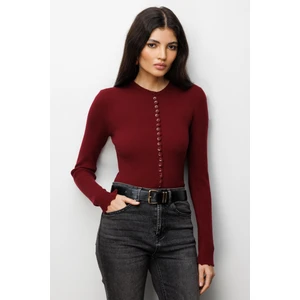 6972 Kadın Fitilli Basic Triko Hırka Bordo