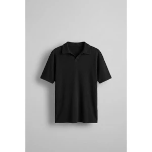 Abluka Online Erkek Oversize Polo Yaka Basic Fitilli T-Shirt Siyah