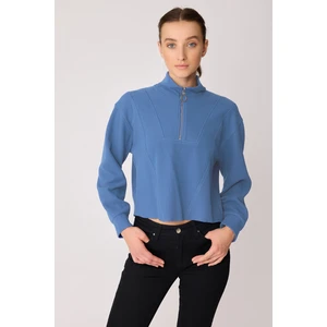 Dik Yaka Fermuarlı Örme Sweatshirt