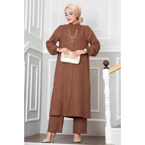 Düğmeli Tunik İkili Tesettür Takım Kahve