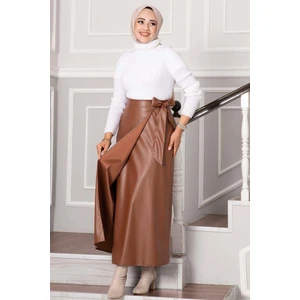 Yandan Bağlamalı Deri Etek Taba