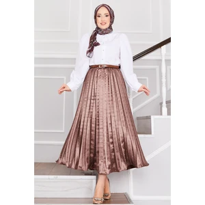 Saten Serpme Taşlı Piliseli Etek Kahve