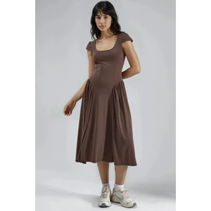 Kadın Busem Panelli Örme Midi Elbise Kahve Kahvesi