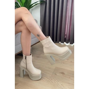 Kadın Krem 12 cm Platform Topuklu Fermuarlı Bot
