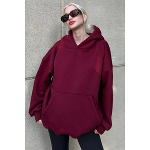 Bordo Kapüşonlu Şardonlu Oversize Sweatshirt MG1566